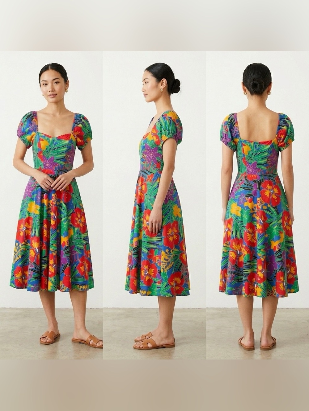 Vintage Handmade Vibrant Floral Midi Dress in Multi-Color 80s Retro Maximalist